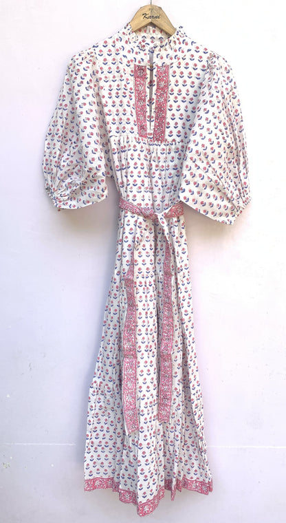 White Red Floral Block Print Cotton Dress – Handmade Boho Midi Dress with Puff Sleeves – Free Shipping