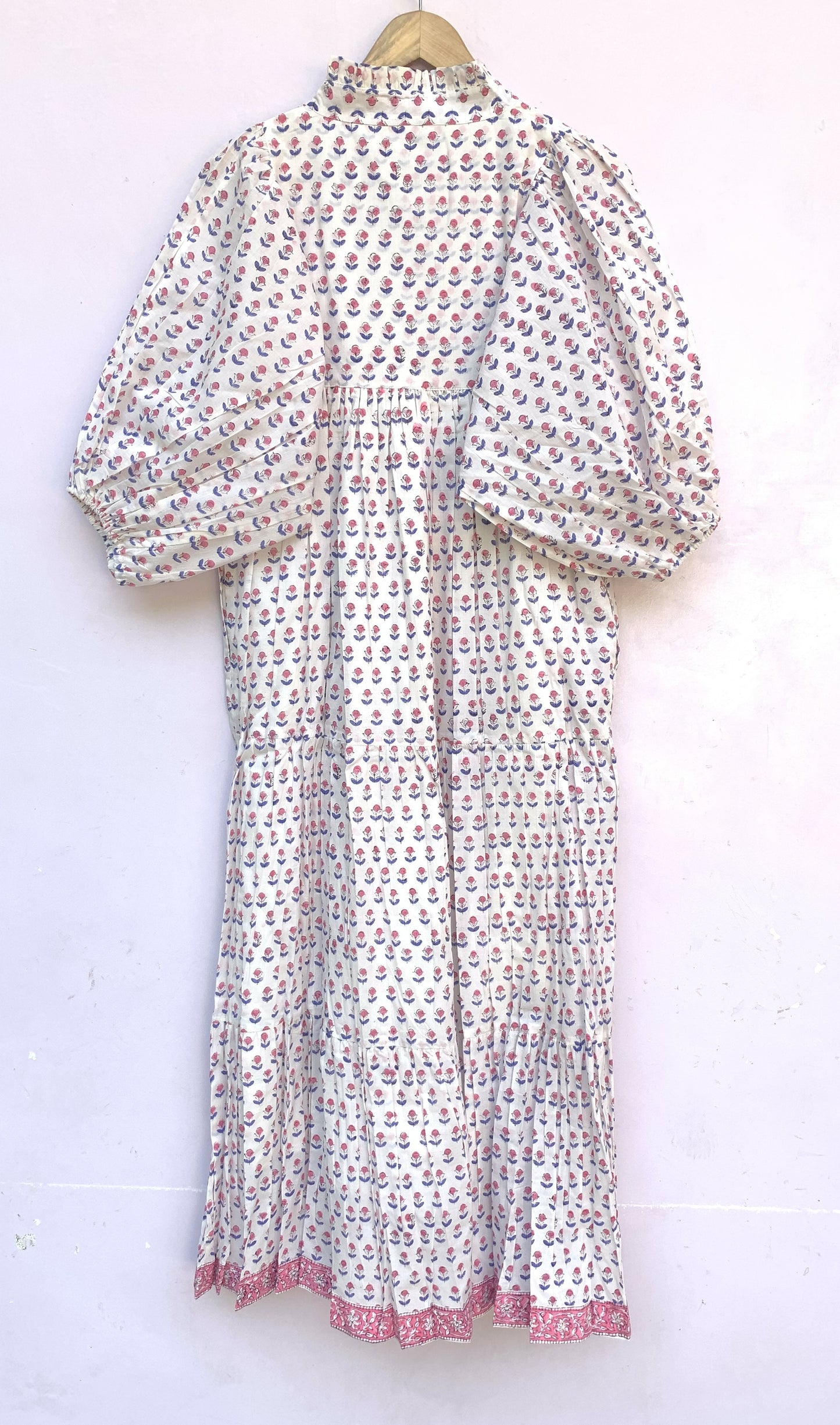 White Red Floral Block Print Cotton Dress – Handmade Boho Midi Dress with Puff Sleeves – Free Shipping