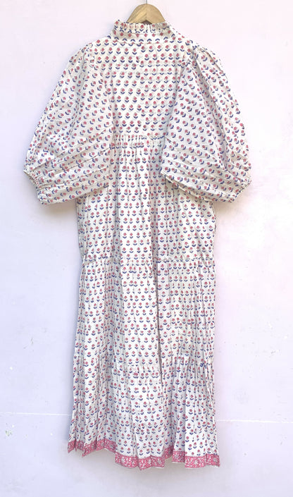 White Red Floral Block Print Cotton Dress – Handmade Boho Midi Dress with Puff Sleeves – Free Shipping