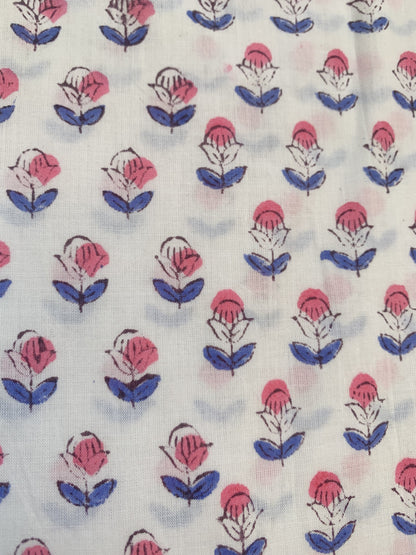 White Red Floral Block Print Cotton Dress – Handmade Boho Midi Dress with Puff Sleeves – Free Shipping