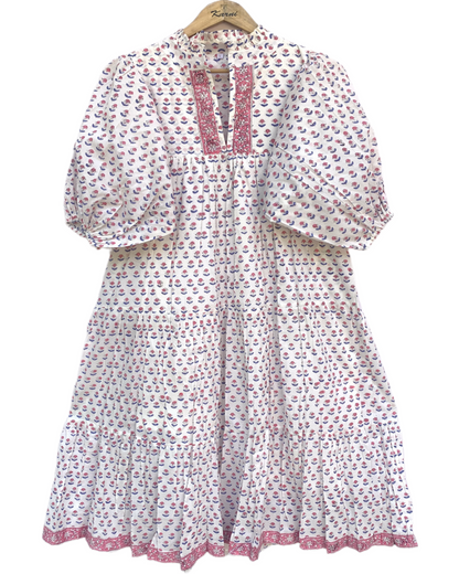 White Red Floral Block Print Cotton Dress – Handmade Boho Midi Dress with Puff Sleeves – Free Shipping