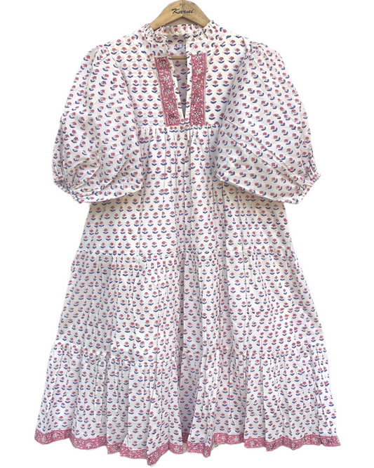 White Red Floral Block Print Cotton Dress – Handmade Boho Midi Dress with Puff Sleeves – Free Shipping