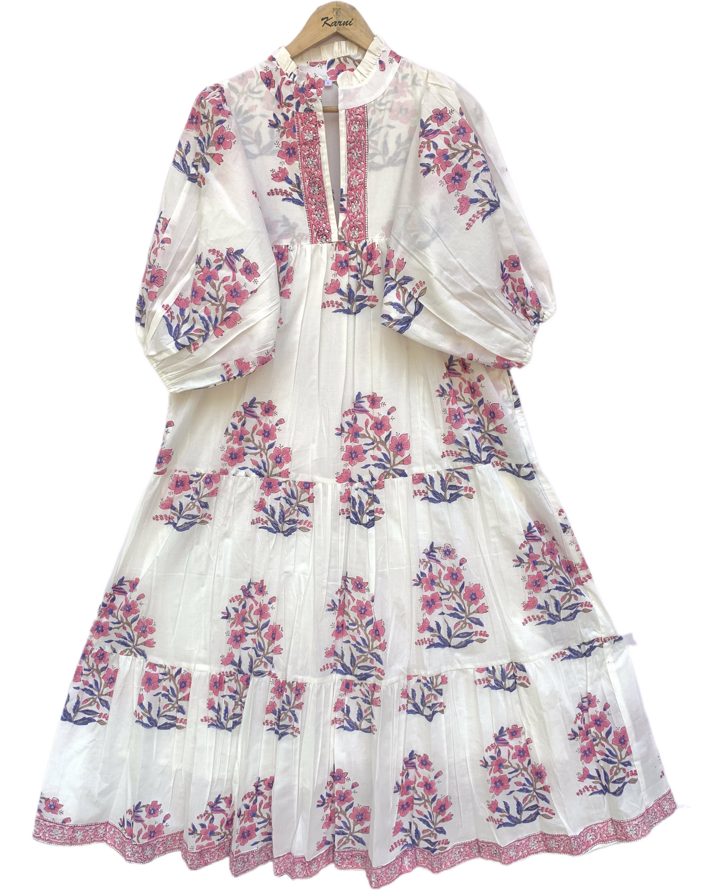 White Pink Floral Block Print Cotton Dress – Handcrafted Boho Maxi Dress by the Yard