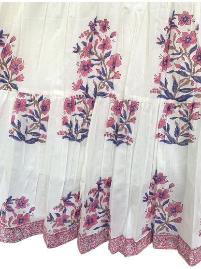 White Pink Floral Block Print Cotton Dress – Handcrafted Boho Maxi Dress by the Yard