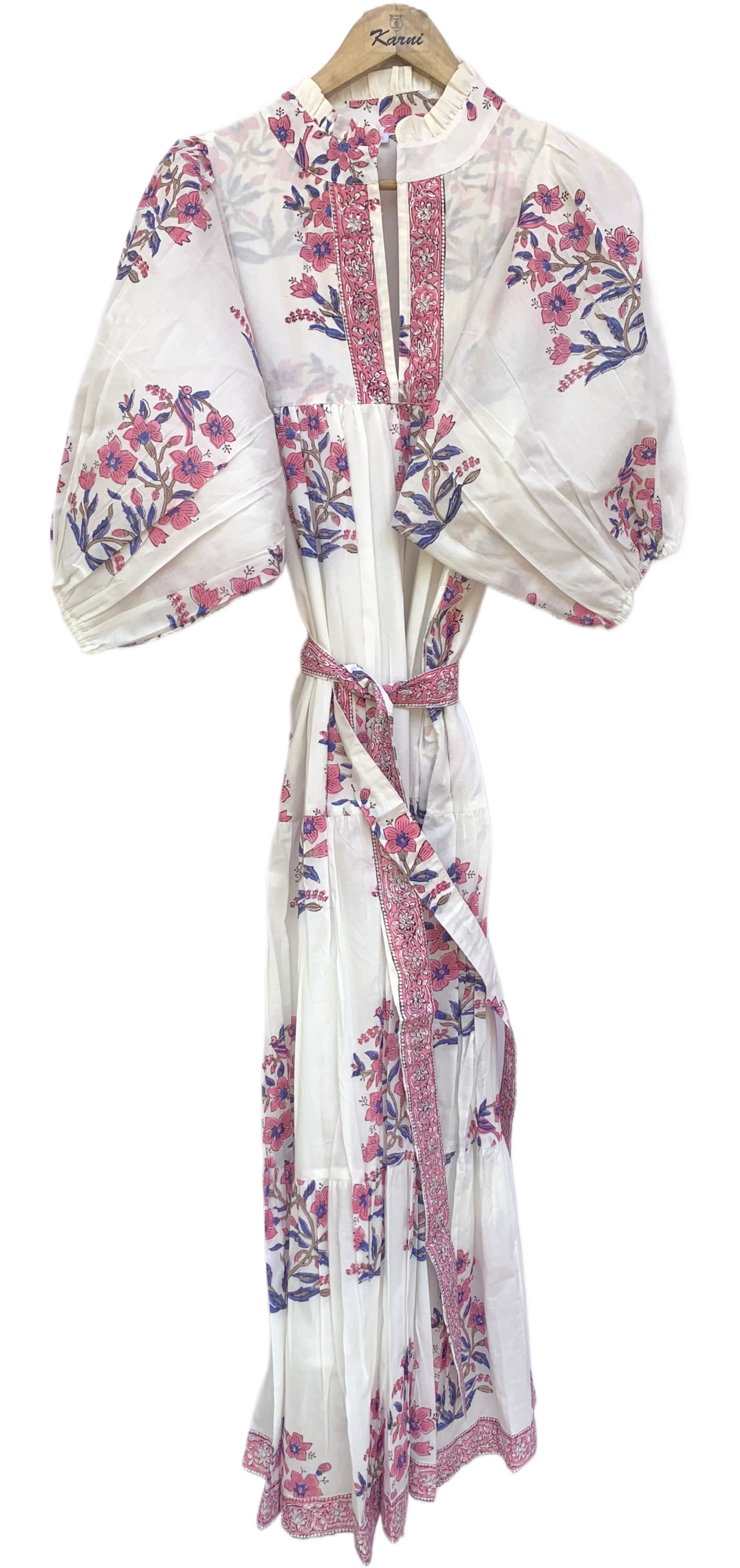 White Pink Floral Block Print Cotton Dress – Handcrafted Boho Maxi Dress by the Yard