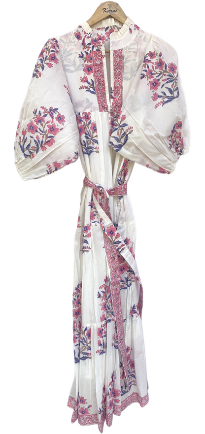 White Pink Floral Block Print Cotton Dress – Handcrafted Boho Maxi Dress by the Yard