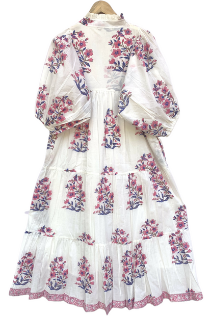 White Pink Floral Block Print Cotton Dress – Handcrafted Boho Maxi Dress by the Yard