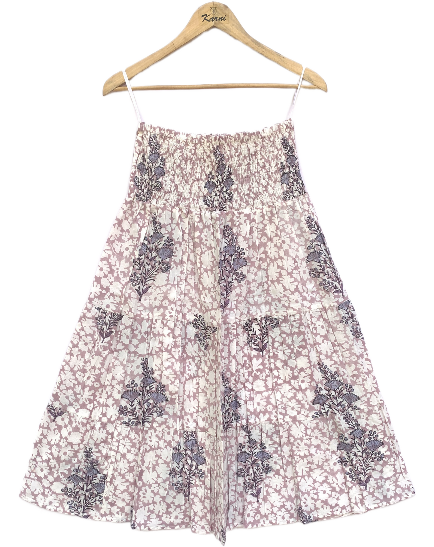 Lilac White Floral Block Print Cotton Smocked Dress – Handcrafted Boho Midi Sundress