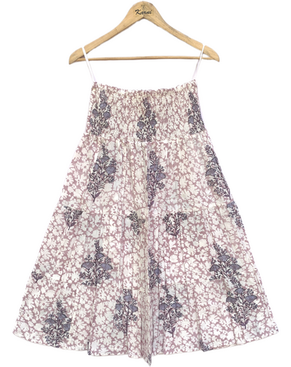 Lilac White Floral Block Print Cotton Smocked Dress – Handcrafted Boho Midi Sundress