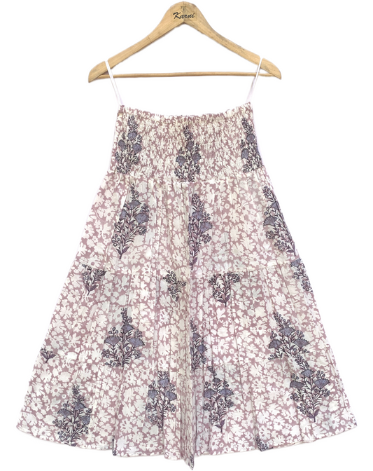 Lilac White Floral Block Print Cotton Smocked Dress – Handcrafted Boho Midi Sundress