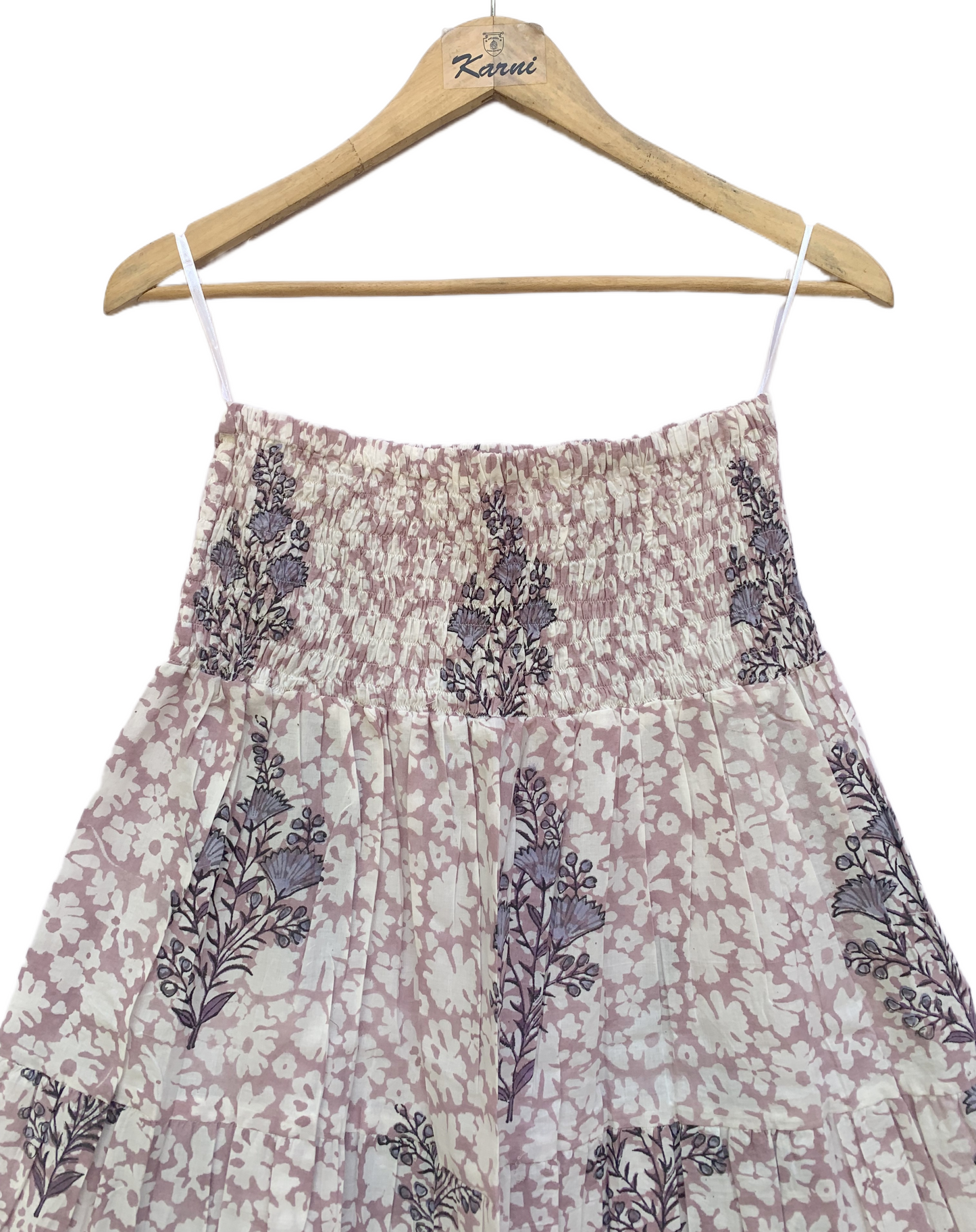 Lilac White Floral Block Print Cotton Smocked Dress – Handcrafted Boho Midi Sundress