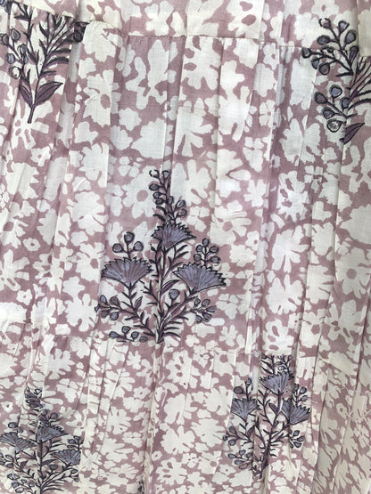 Lilac White Floral Block Print Cotton Smocked Dress – Handcrafted Boho Midi Sundress
