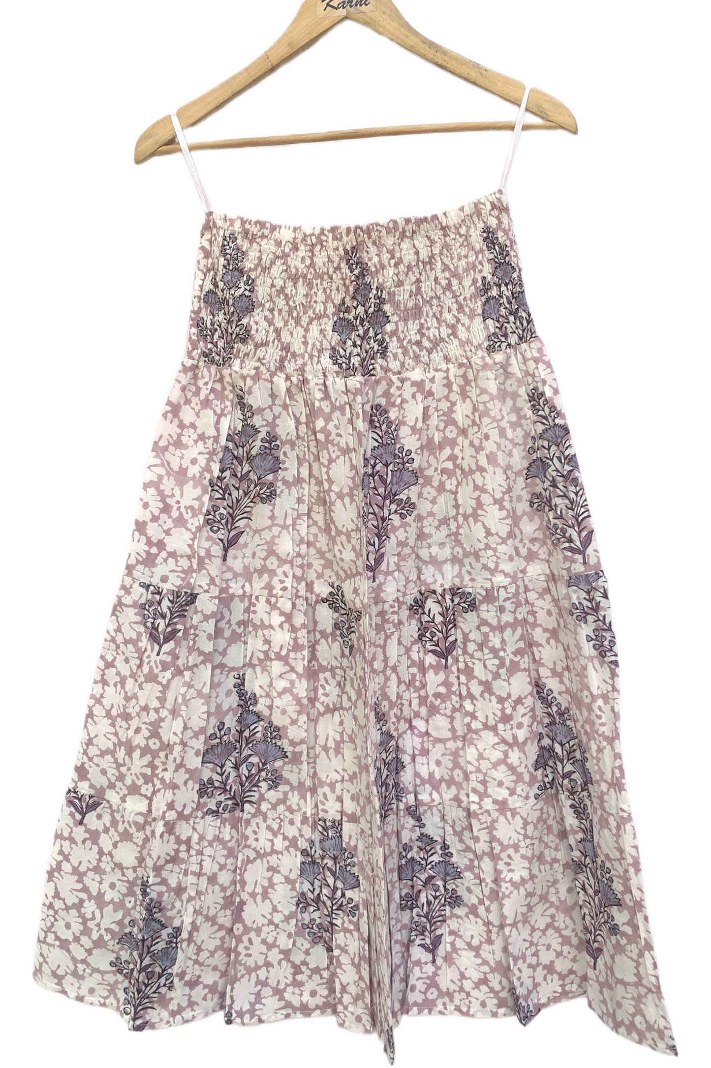 Lilac White Floral Block Print Cotton Smocked Dress – Handcrafted Boho Midi Sundress