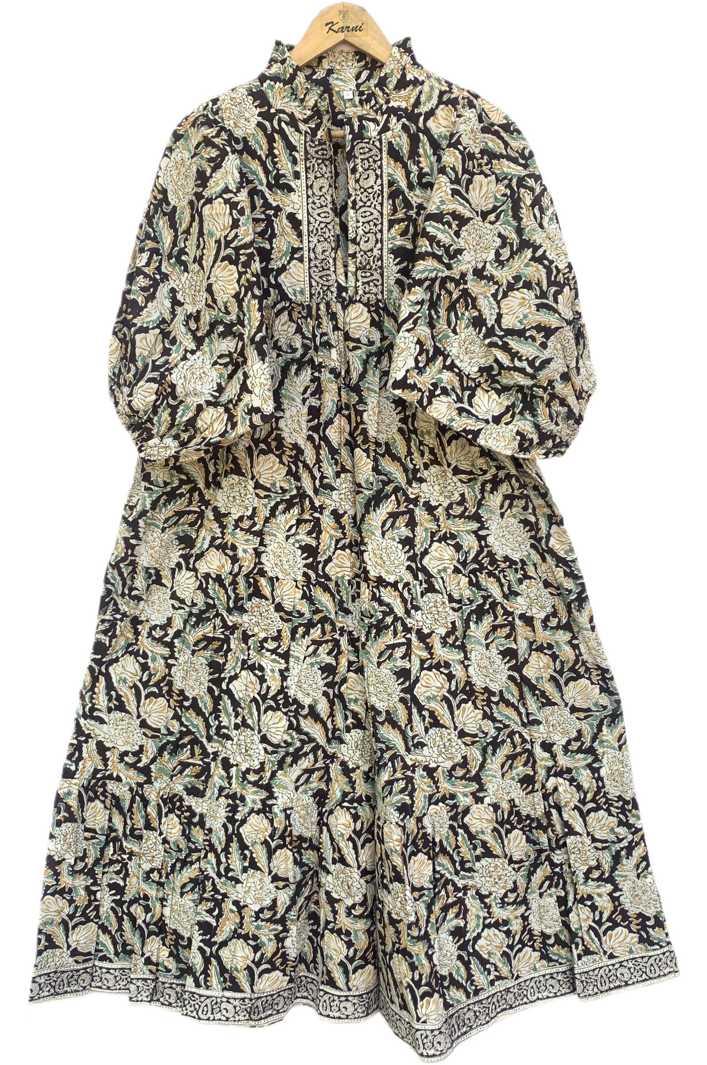 Pink Purple Floral Stripe Block Print Cotton Midi Dress – Boho Handmade Tiered Dress with Puff Sleeves & Contrast Yoke