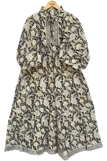 Pink Purple Floral Stripe Block Print Cotton Midi Dress – Boho Handmade Tiered Dress with Puff Sleeves & Contrast Yoke