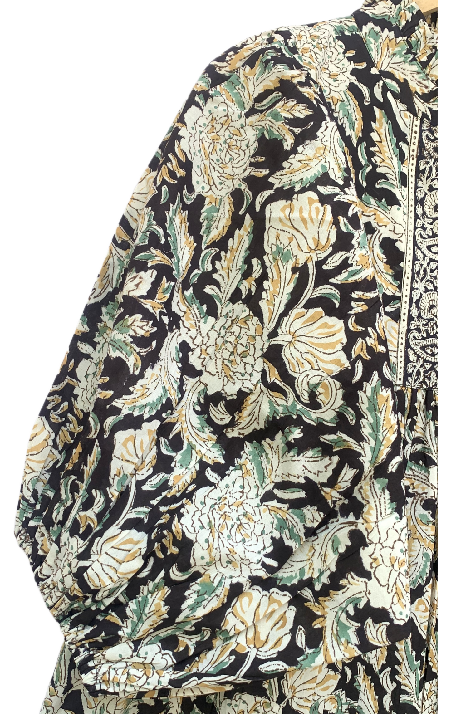 Pink Purple Floral Stripe Block Print Cotton Midi Dress – Boho Handmade Tiered Dress with Puff Sleeves & Contrast Yoke