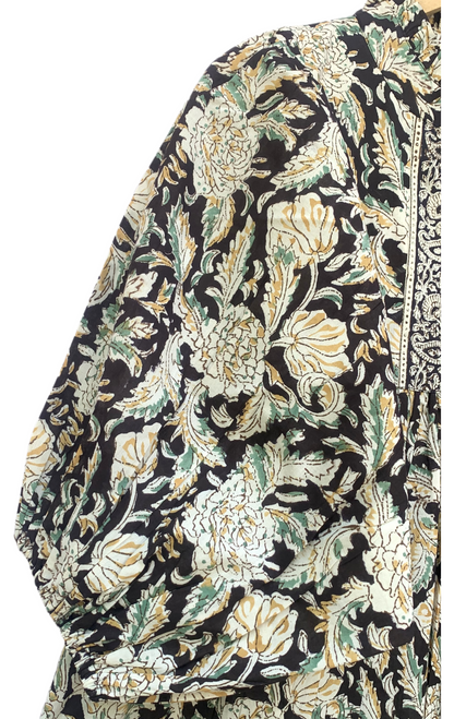 Pink Purple Floral Stripe Block Print Cotton Midi Dress – Boho Handmade Tiered Dress with Puff Sleeves & Contrast Yoke