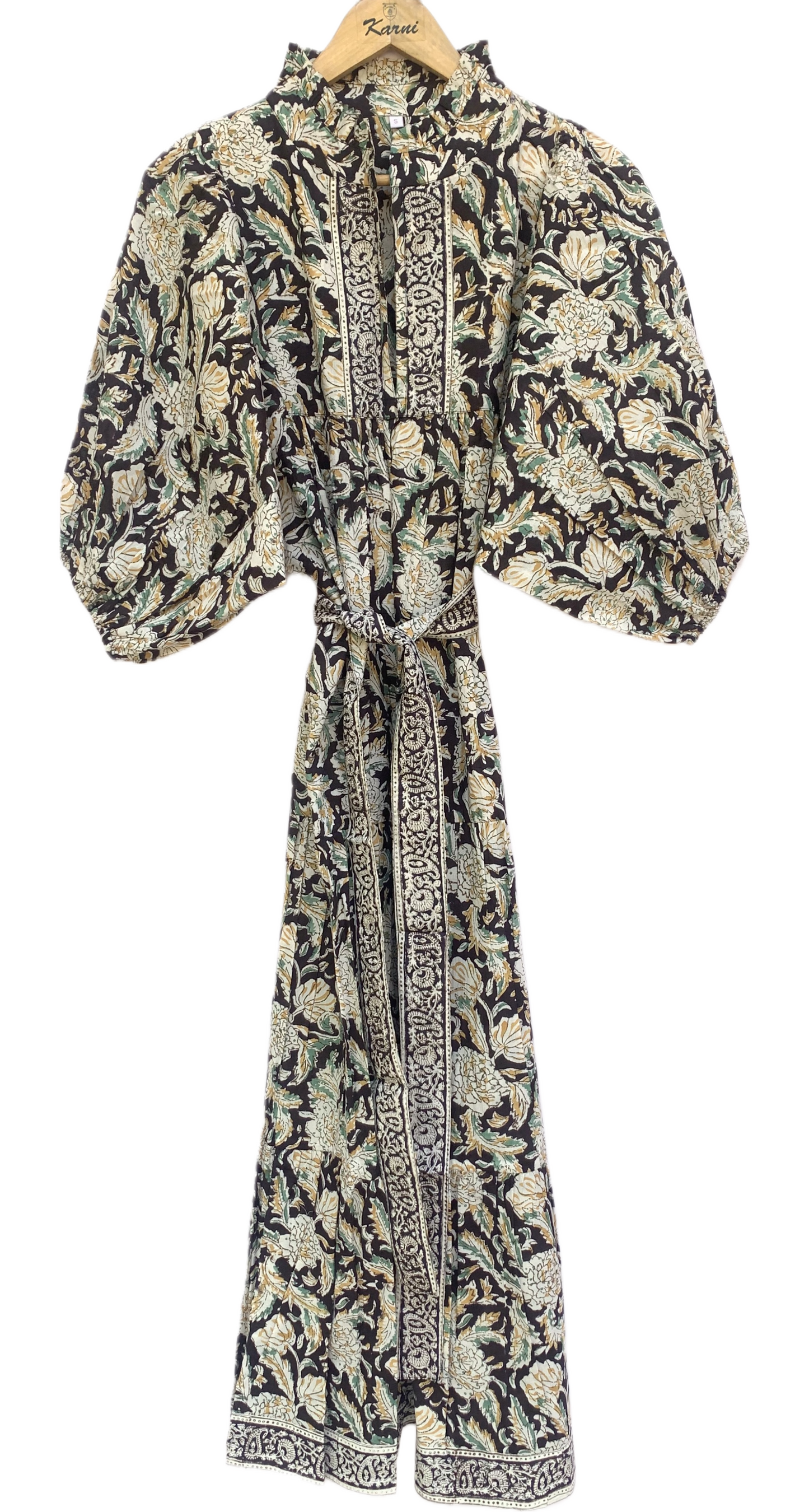 Pink Purple Floral Stripe Block Print Cotton Midi Dress – Boho Handmade Tiered Dress with Puff Sleeves & Contrast Yoke