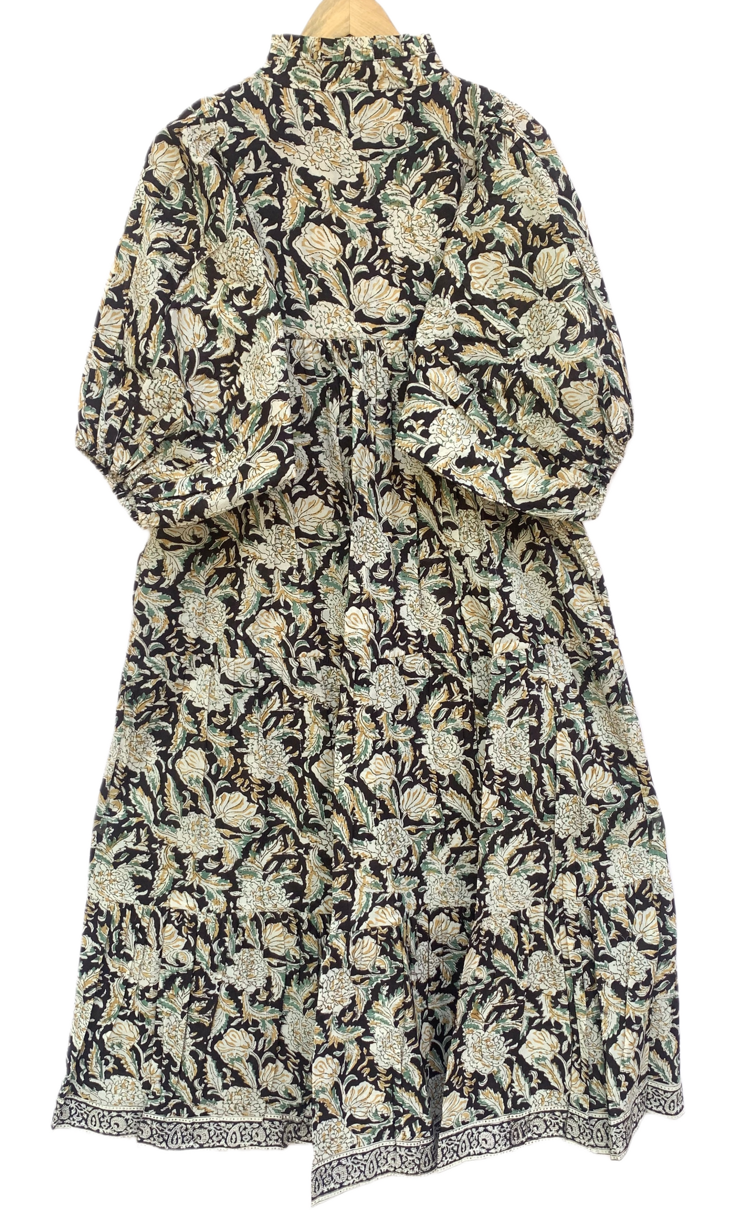 Pink Purple Floral Stripe Block Print Cotton Midi Dress – Boho Handmade Tiered Dress with Puff Sleeves & Contrast Yoke