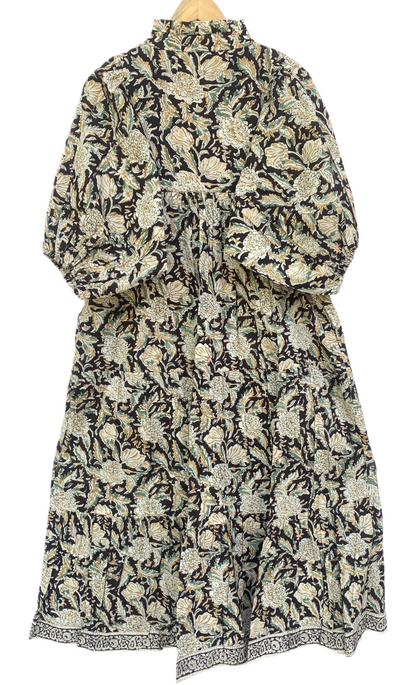 Pink Purple Floral Stripe Block Print Cotton Midi Dress – Boho Handmade Tiered Dress with Puff Sleeves & Contrast Yoke