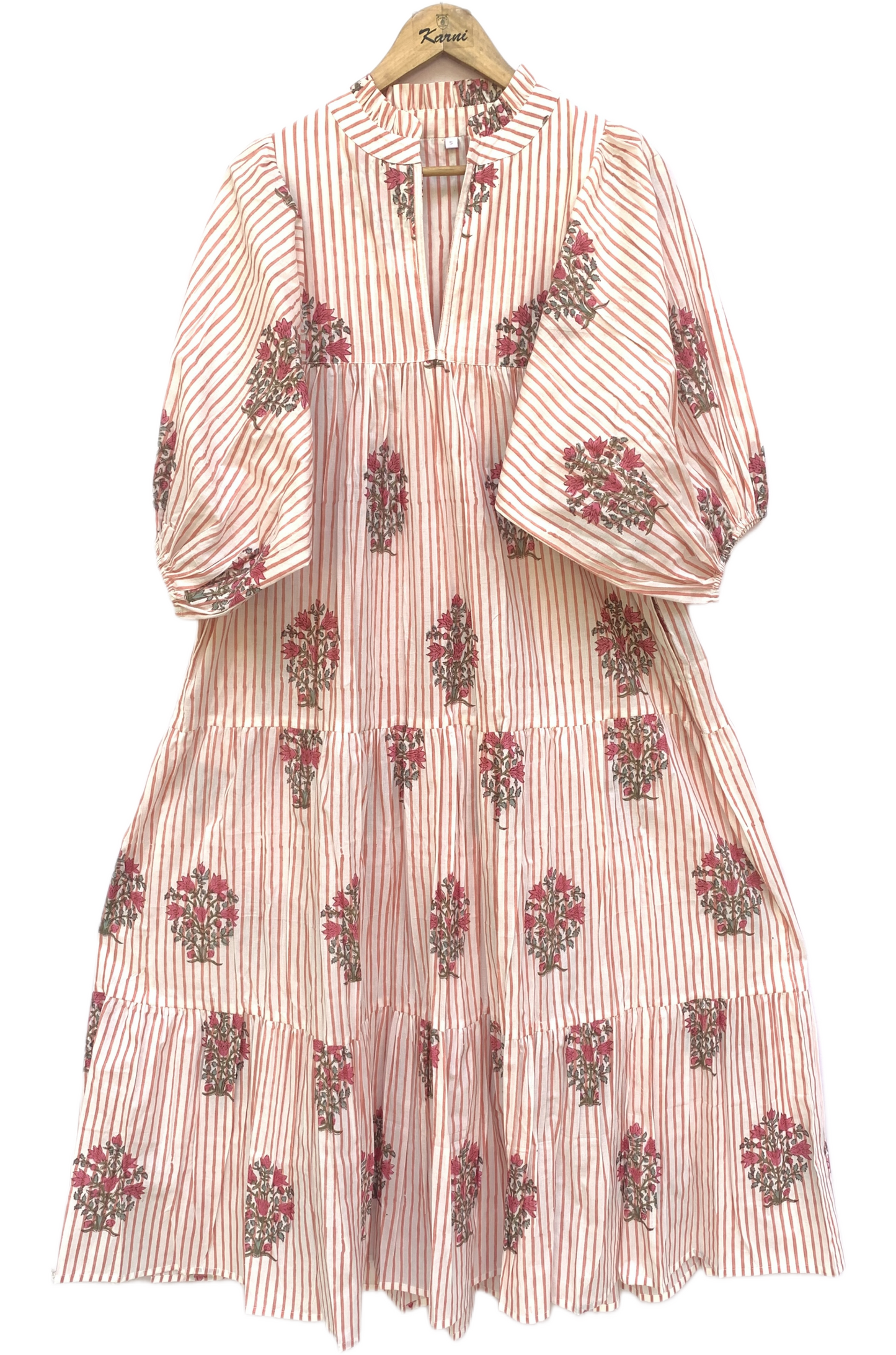Ivory Red Floral Stripe Block Print Cotton Midi Dress – Boho Handmade Tiered Dress with Puff Sleeves