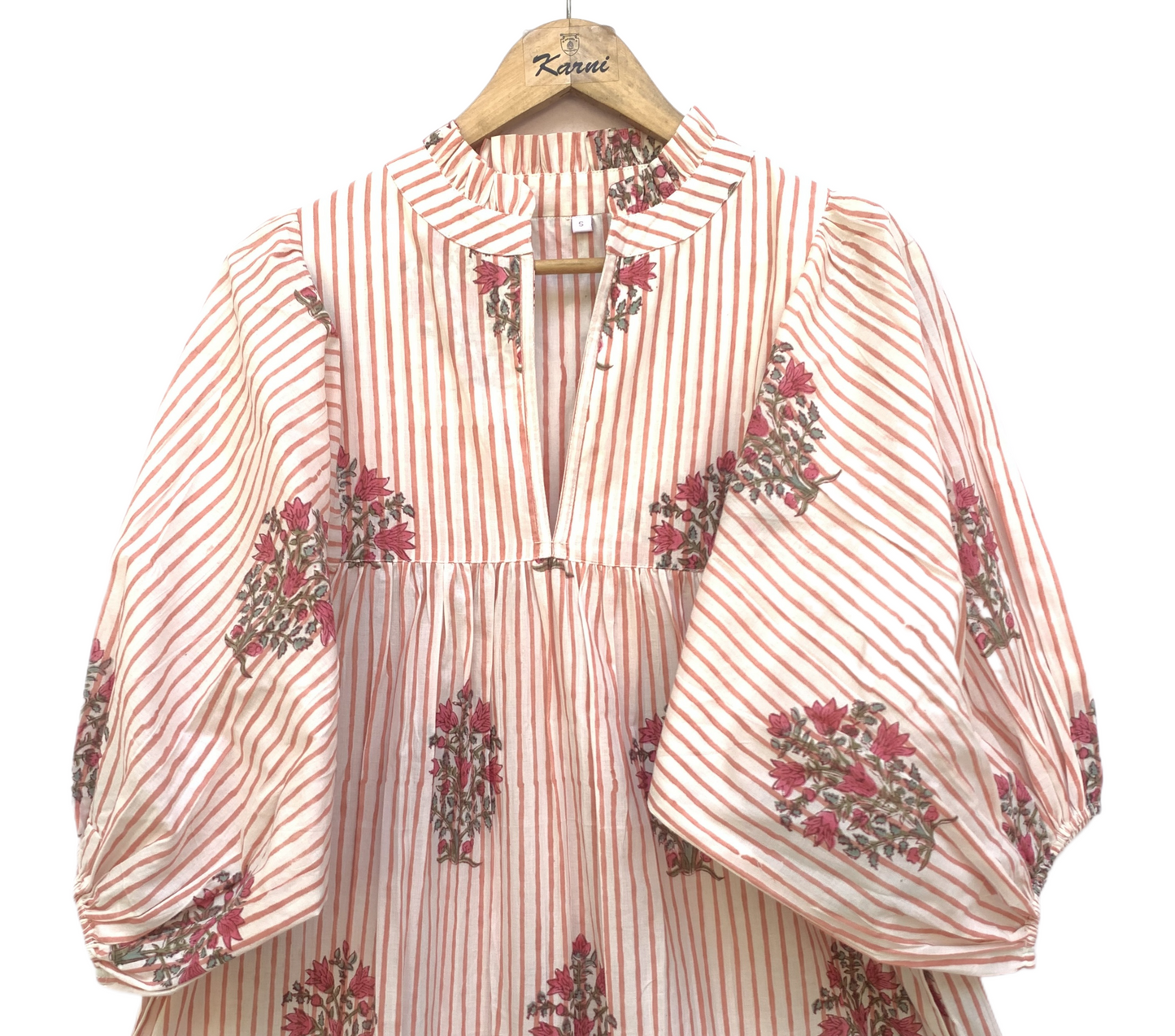 Ivory Red Floral Stripe Block Print Cotton Midi Dress – Boho Handmade Tiered Dress with Puff Sleeves