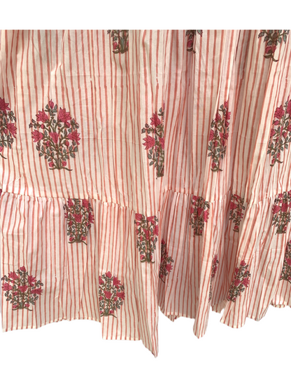 Ivory Red Floral Stripe Block Print Cotton Midi Dress – Boho Handmade Tiered Dress with Puff Sleeves