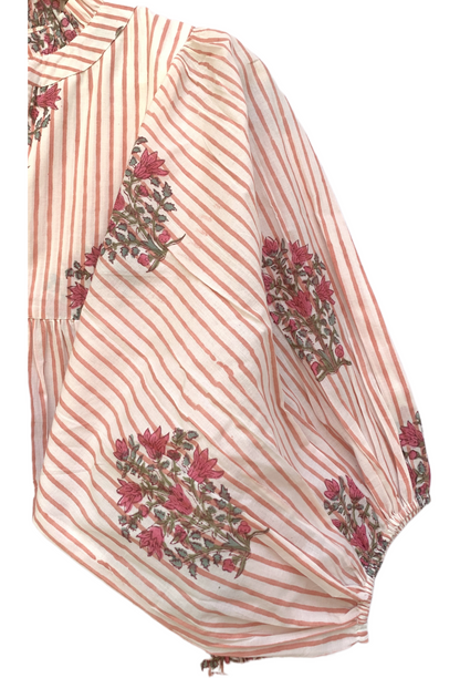 Ivory Red Floral Stripe Block Print Cotton Midi Dress – Boho Handmade Tiered Dress with Puff Sleeves