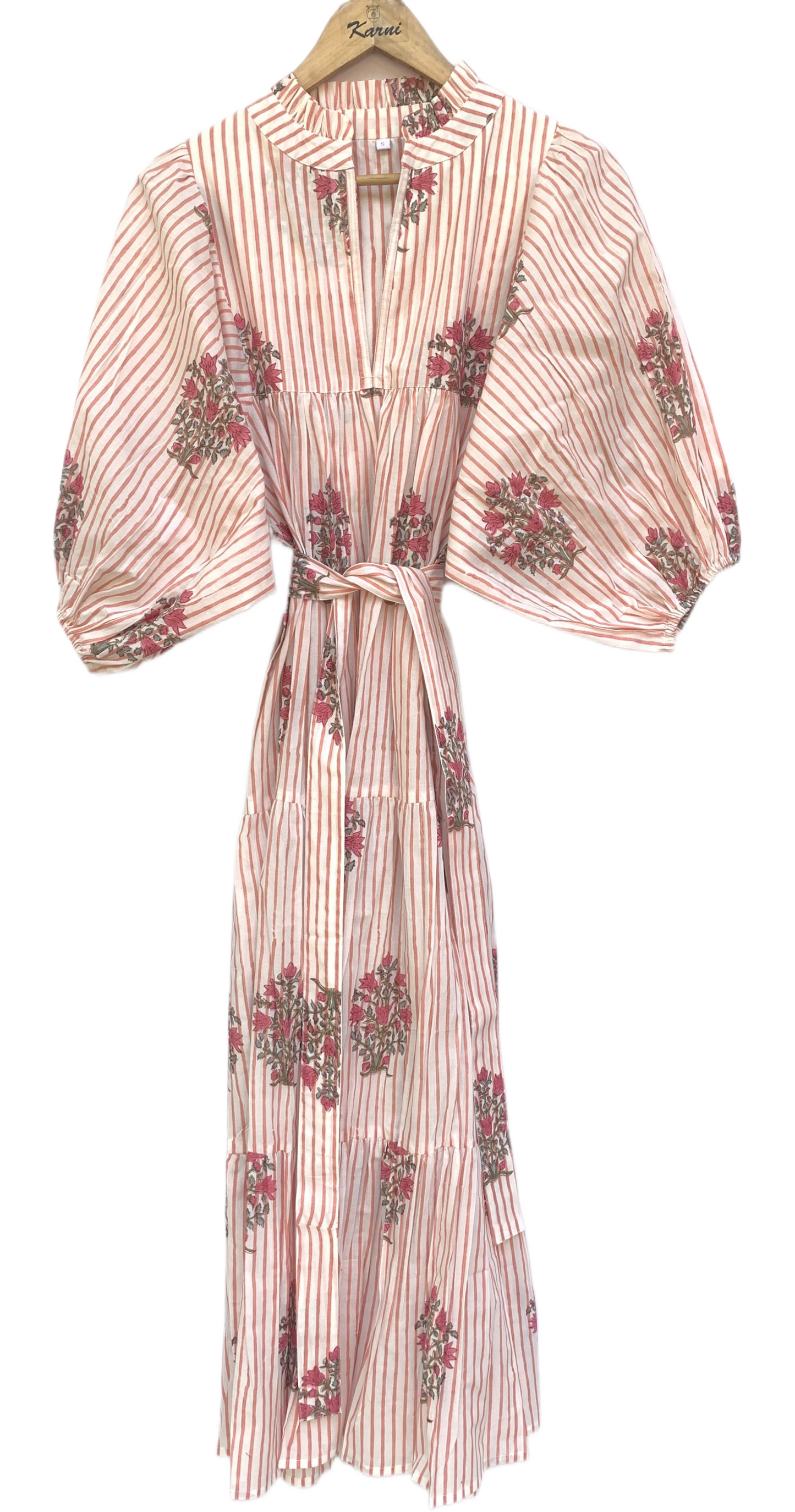 Ivory Red Floral Stripe Block Print Cotton Midi Dress – Boho Handmade Tiered Dress with Puff Sleeves