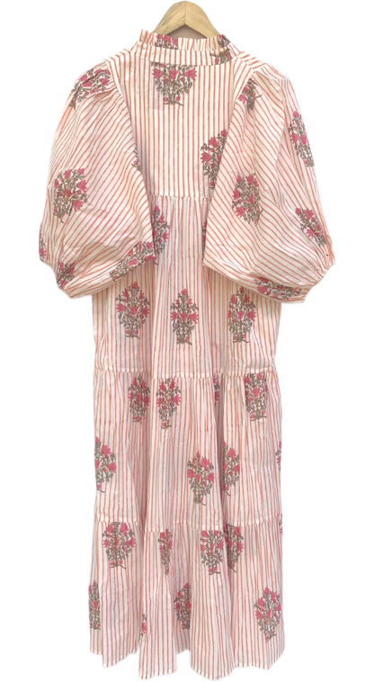 Ivory Red Floral Stripe Block Print Cotton Midi Dress – Boho Handmade Tiered Dress with Puff Sleeves