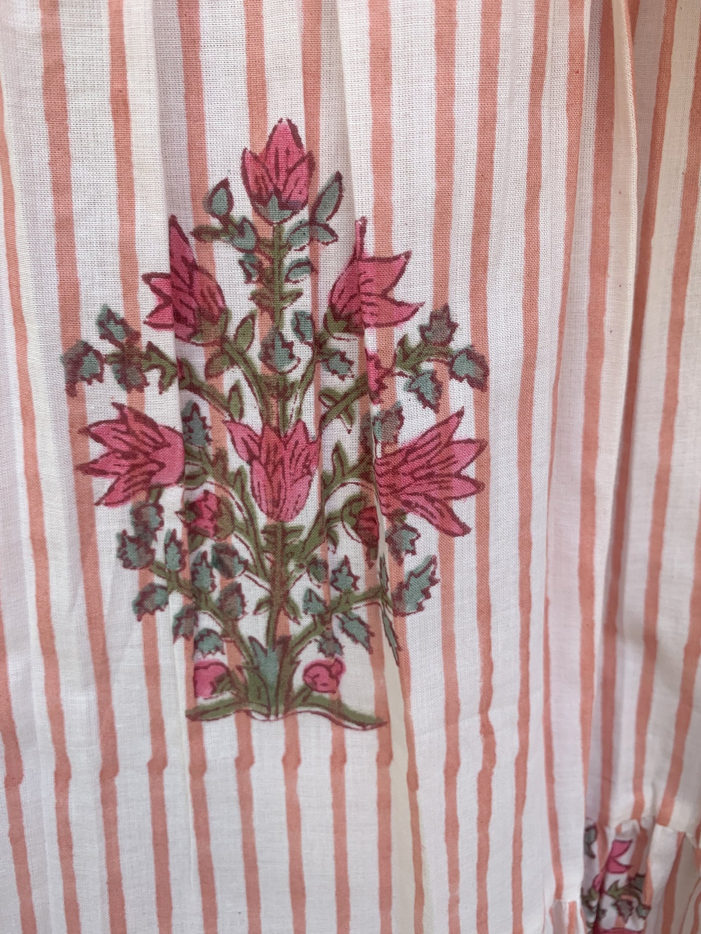 Ivory Red Floral Stripe Block Print Cotton Midi Dress – Boho Handmade Tiered Dress with Puff Sleeves