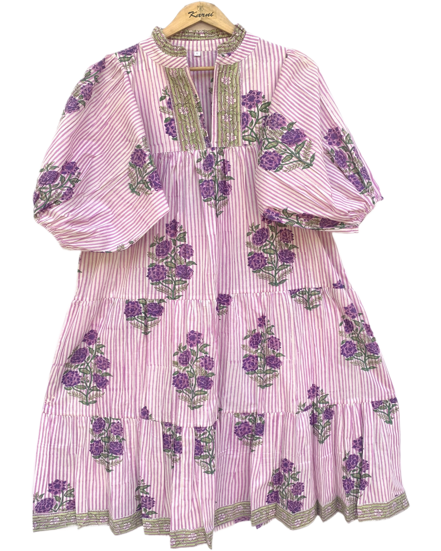 Pink Purple Floral Stripe Block Print Cotton Midi Dress – Boho Handmade Tiered Dress with Puff Sleeves & Contrast Yoke