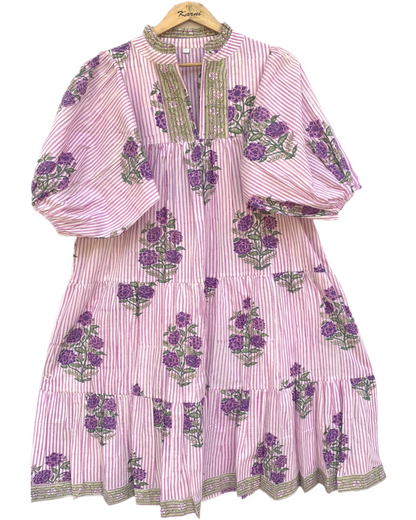 Pink Purple Floral Stripe Block Print Cotton Midi Dress – Boho Handmade Tiered Dress with Puff Sleeves & Contrast Yoke