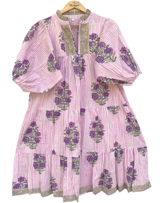 Pink Purple Floral Stripe Block Print Cotton Midi Dress – Boho Handmade Tiered Dress with Puff Sleeves & Contrast Yoke