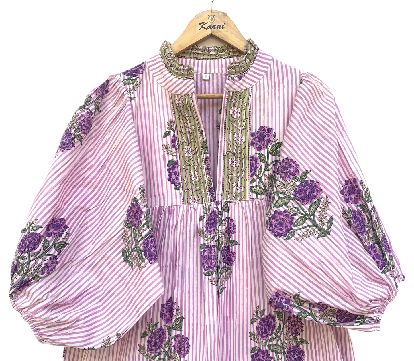 Pink Purple Floral Stripe Block Print Cotton Midi Dress – Boho Handmade Tiered Dress with Puff Sleeves & Contrast Yoke