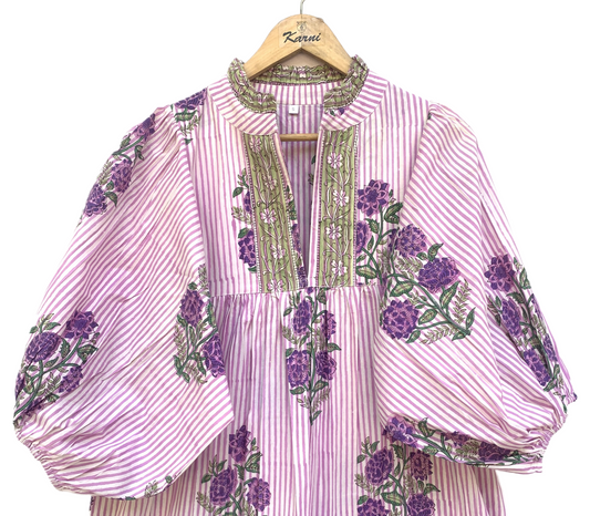Pink Purple Floral Stripe Block Print Cotton Midi Dress – Boho Handmade Tiered Dress with Puff Sleeves & Contrast Yoke