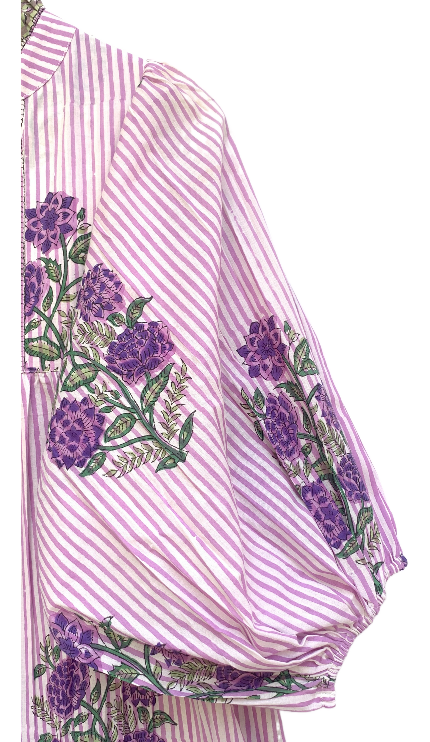 Pink Purple Floral Stripe Block Print Cotton Midi Dress – Boho Handmade Tiered Dress with Puff Sleeves & Contrast Yoke