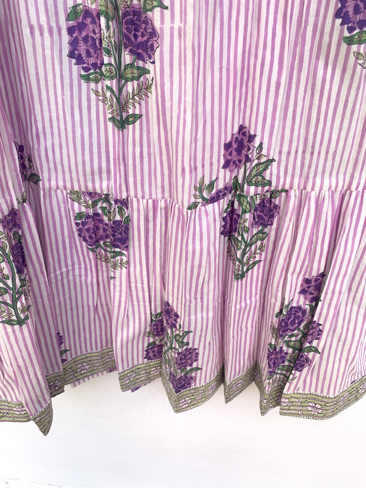 Pink Purple Floral Stripe Block Print Cotton Midi Dress – Boho Handmade Tiered Dress with Puff Sleeves & Contrast Yoke