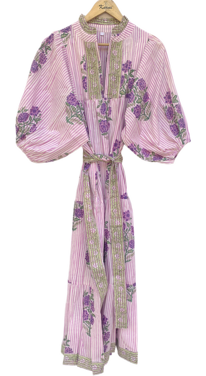 Pink Purple Floral Stripe Block Print Cotton Midi Dress – Boho Handmade Tiered Dress with Puff Sleeves & Contrast Yoke