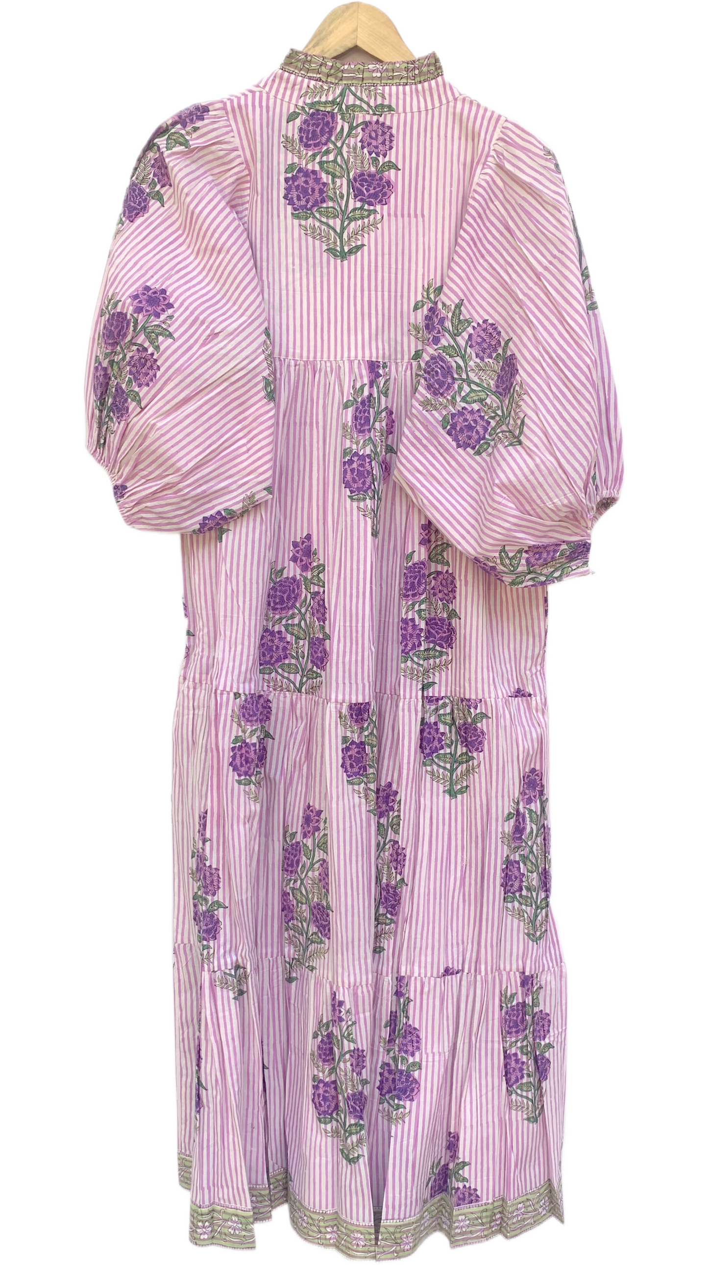 Pink Purple Floral Stripe Block Print Cotton Midi Dress – Boho Handmade Tiered Dress with Puff Sleeves & Contrast Yoke