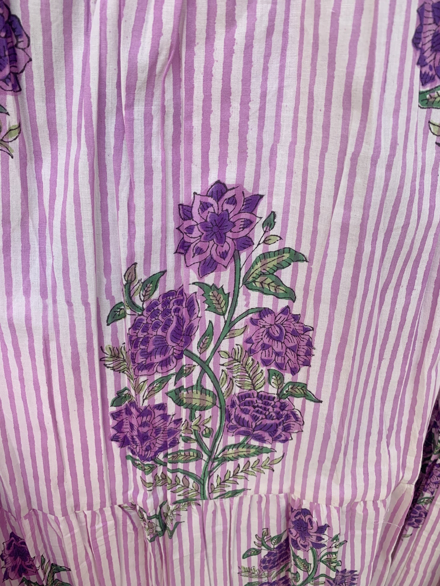 Pink Purple Floral Stripe Block Print Cotton Midi Dress – Boho Handmade Tiered Dress with Puff Sleeves & Contrast Yoke