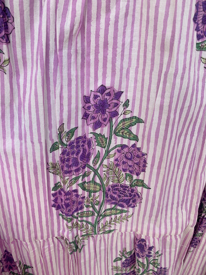 Pink Purple Floral Stripe Block Print Cotton Midi Dress – Boho Handmade Tiered Dress with Puff Sleeves & Contrast Yoke