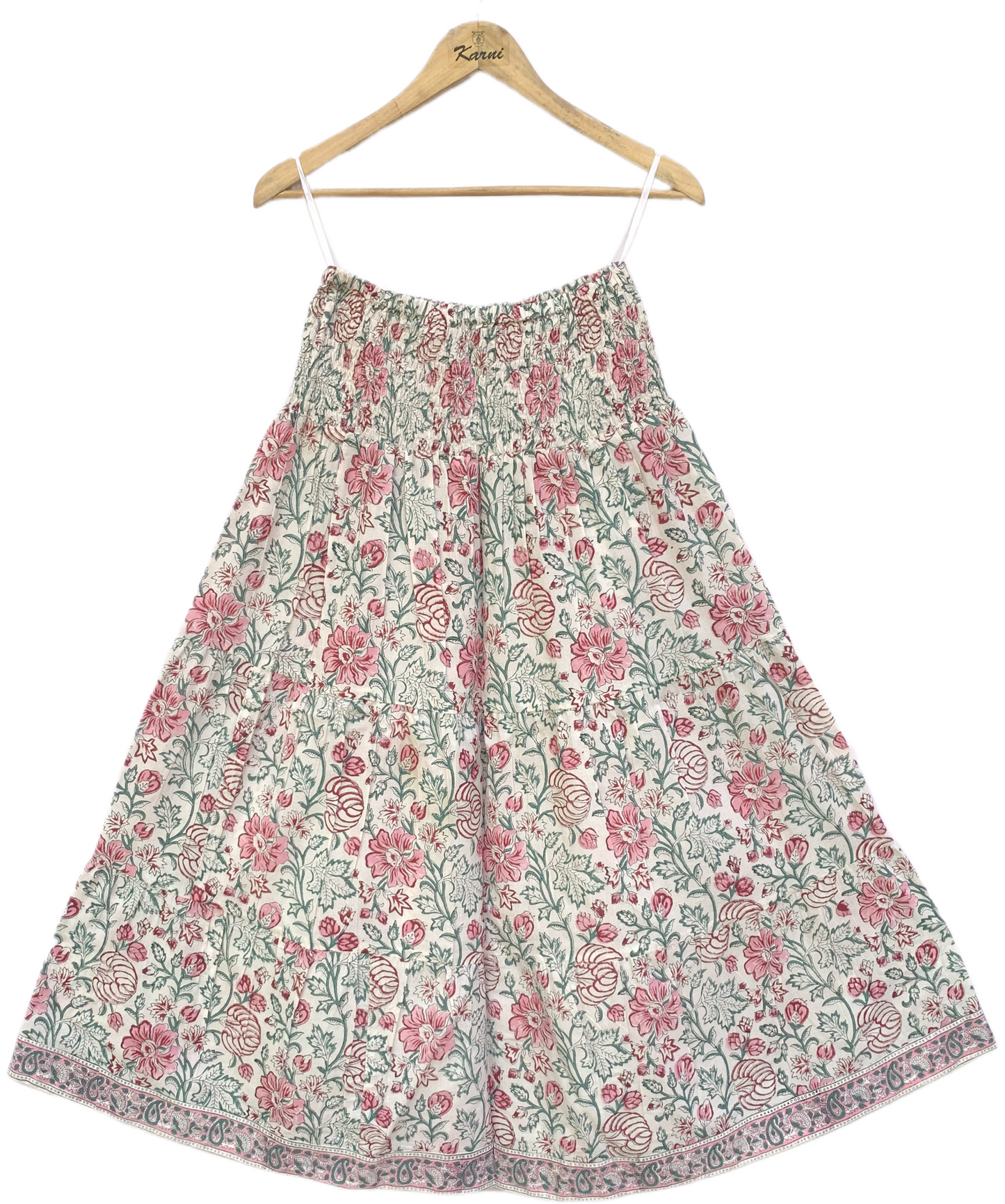 Pink Green Floral Block Print Cotton Smocked Dress – Handcrafted Boho Midi Sundress – Free Shipping