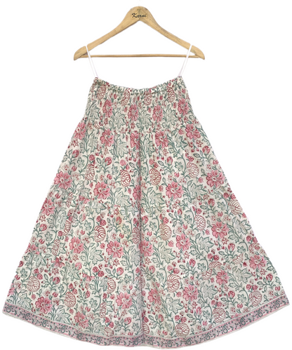 Pink Green Floral Block Print Cotton Smocked Dress – Handcrafted Boho Midi Sundress – Free Shipping