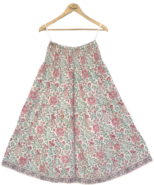 Pink Green Floral Block Print Cotton Smocked Dress – Handcrafted Boho Midi Sundress – Free Shipping