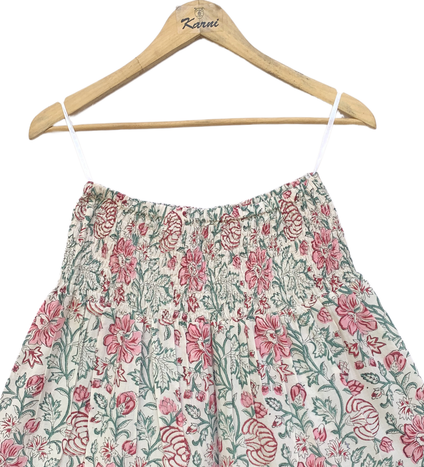 Pink Green Floral Block Print Cotton Smocked Dress – Handcrafted Boho Midi Sundress – Free Shipping