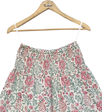 Pink Green Floral Block Print Cotton Smocked Dress – Handcrafted Boho Midi Sundress – Free Shipping