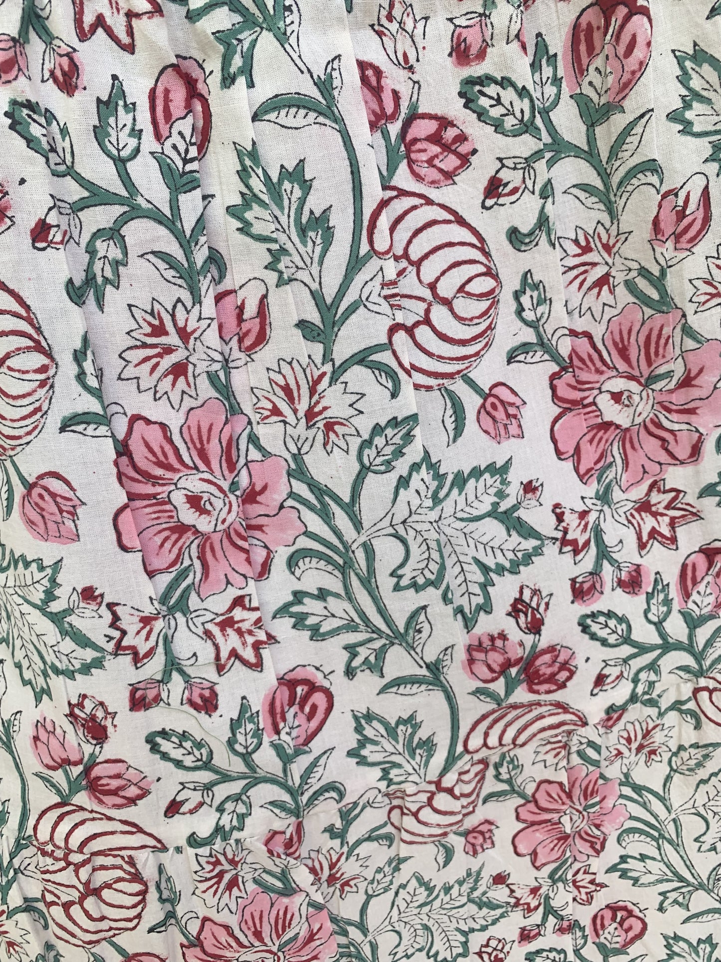 Pink Green Floral Block Print Cotton Smocked Dress – Handcrafted Boho Midi Sundress – Free Shipping