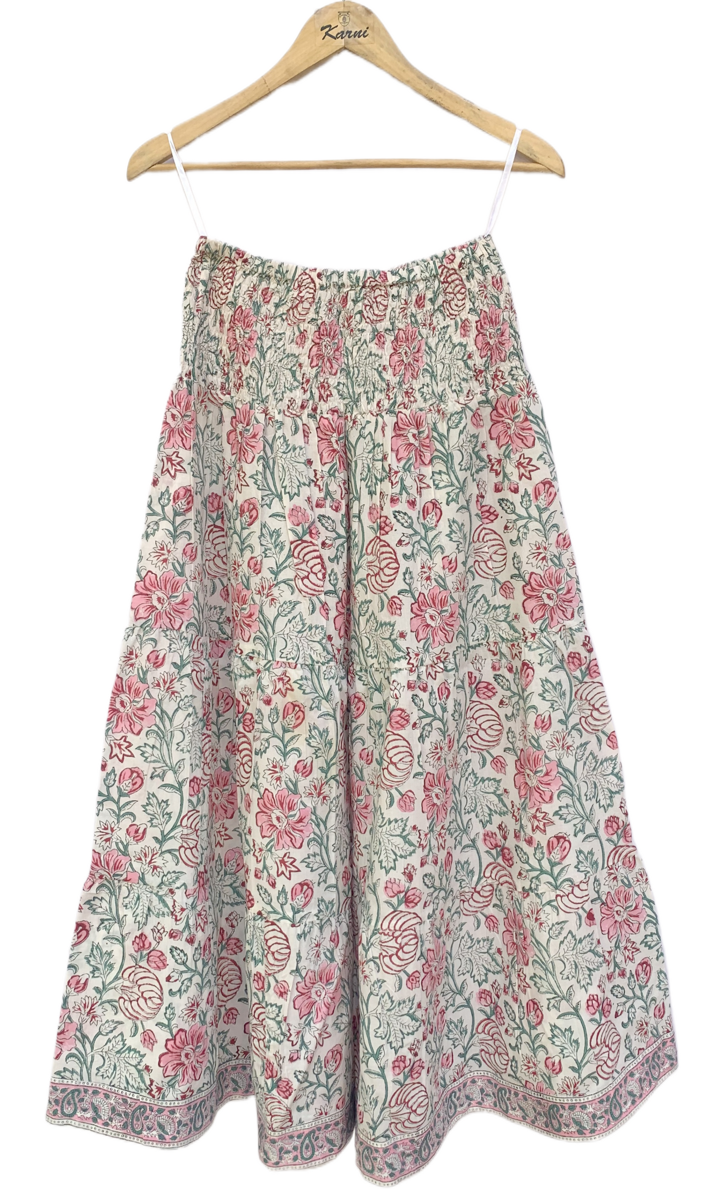 Pink Green Floral Block Print Cotton Smocked Dress – Handcrafted Boho Midi Sundress – Free Shipping