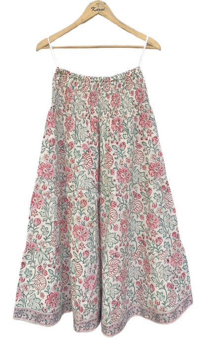 Pink Green Floral Block Print Cotton Smocked Dress – Handcrafted Boho Midi Sundress – Free Shipping